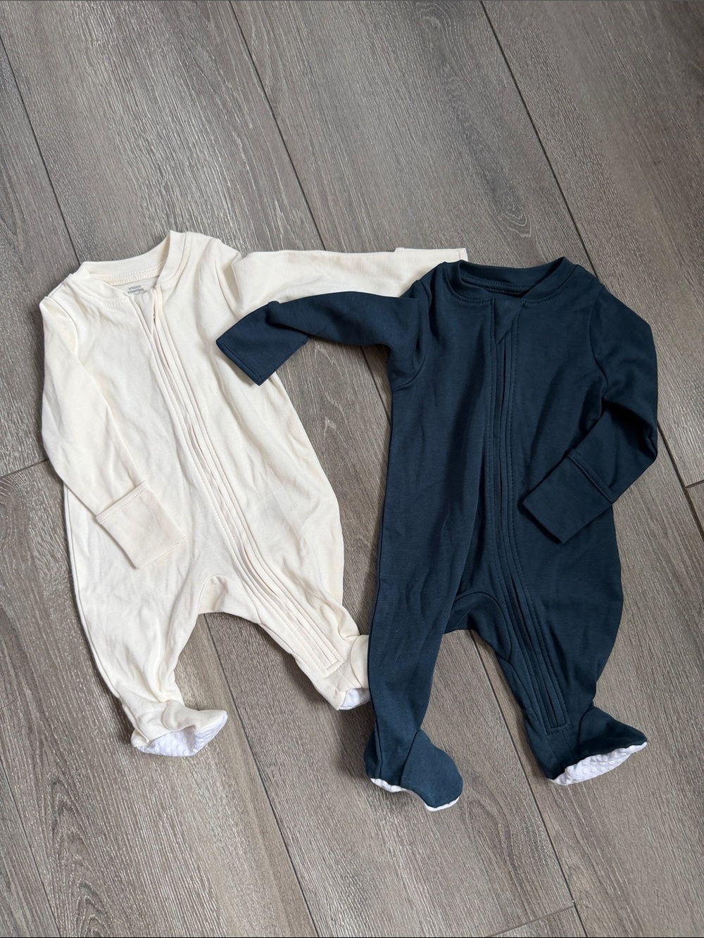 Neutral & Navy Zip-Front Baby One-Piece Set